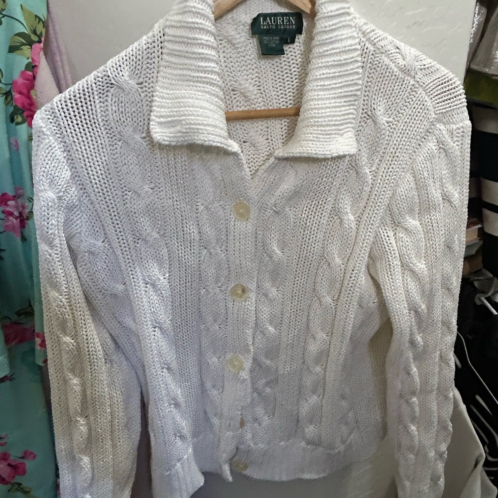 Lauren Ralph Lauren White Cable-Knit Button-Front Cardigan